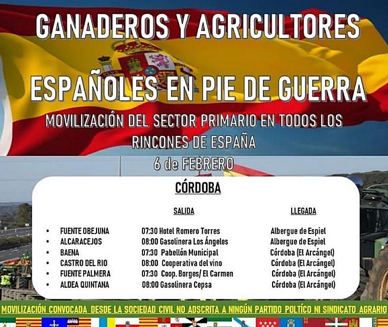 Cartel anunciando las protestas del sector agrícola y ganadero en Córdoba el 6 de febrero