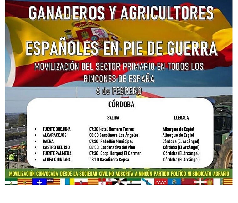 Cartel anunciando las protestas del sector agrícola y ganadero en Córdoba el 6 de febrero