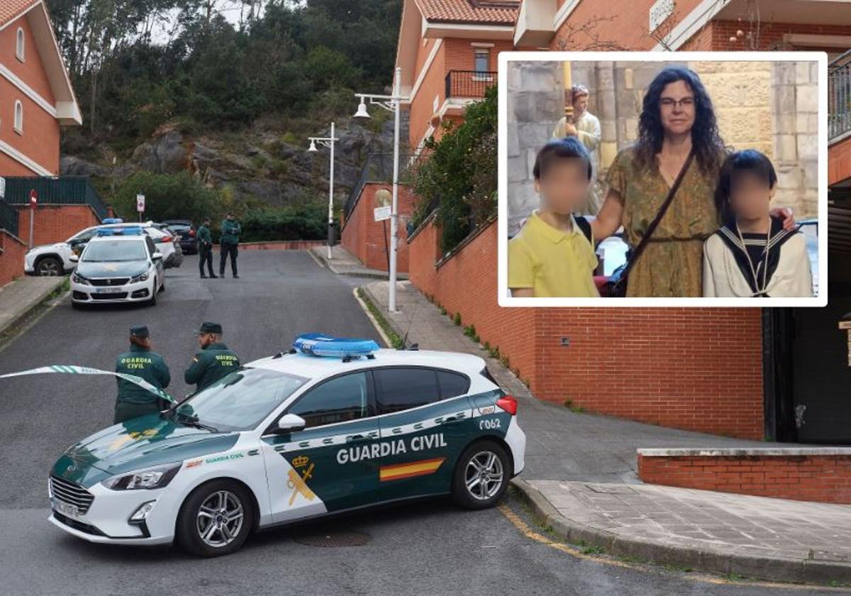 Agentes de la Guardia Civil, en las inmediaciones del lugar del suceso. Arriba, la mujer y sus hijos