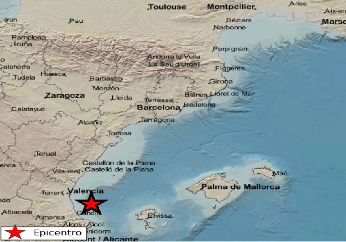 Mapa difundido por el Instituto Geográfico Nacional con la situación del epicentro del terremoto registrado este domingo.