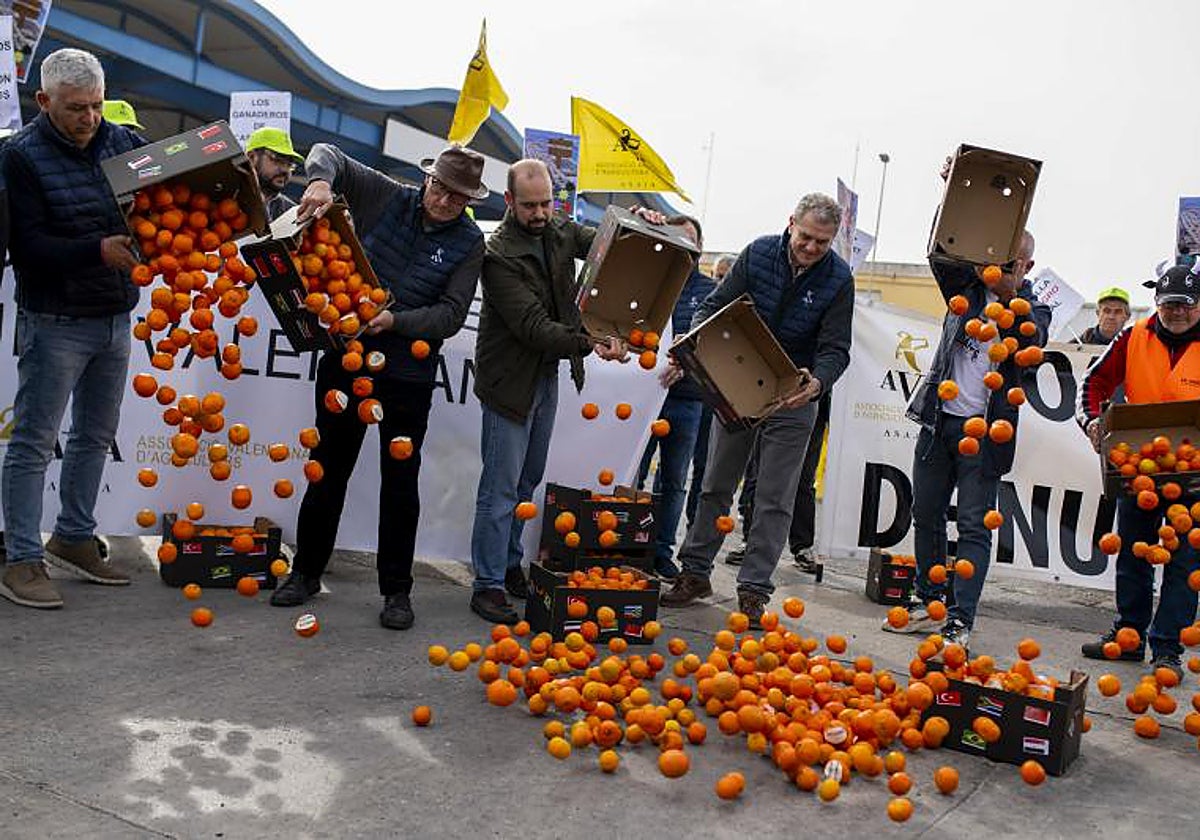 Los agricultores vuelcan cajones de naranjas durante su protesta en el Puerto de Castellón