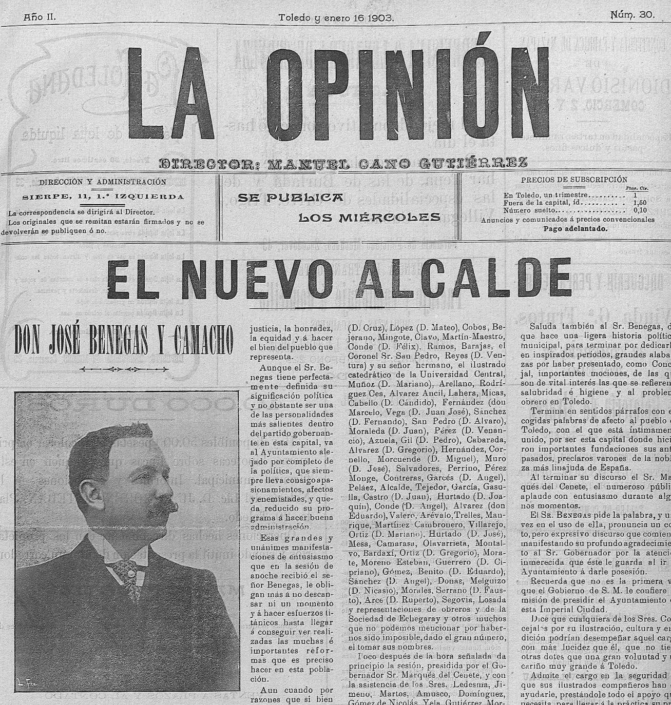 Portada de La Opinión (16/01/1903) dedicada a José Benegas y Camacho por su nombramiento como alcalde de Toledo. Estuvo al frente de cuatro corporaciones en 1897-1899, 1903-1905, 1907-1909 y en 1924)