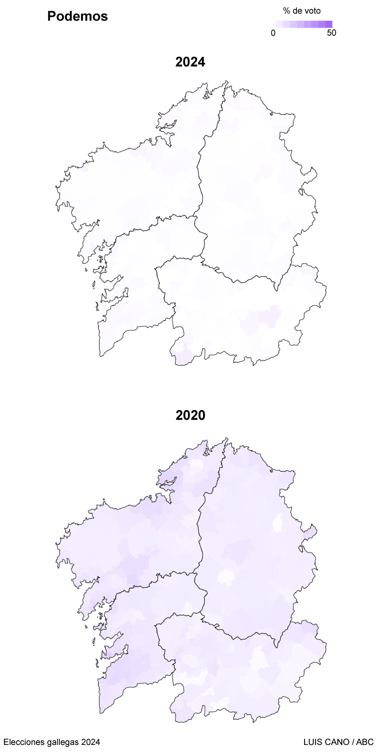 Comparación de los resultado de Podemos en las elecciones a la Xunta de Galicia