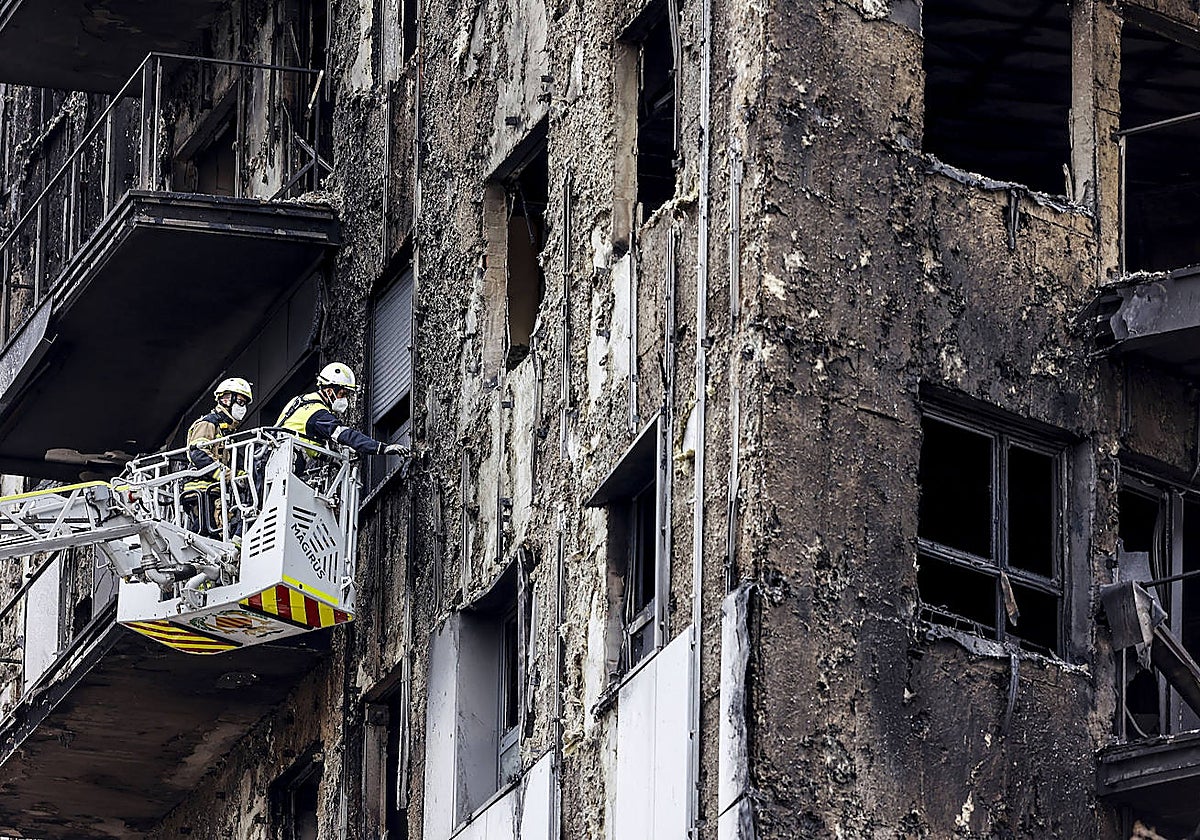 Imagen de los trabajos llevado a cabo este lunes en el edificio incendiado en Valencia