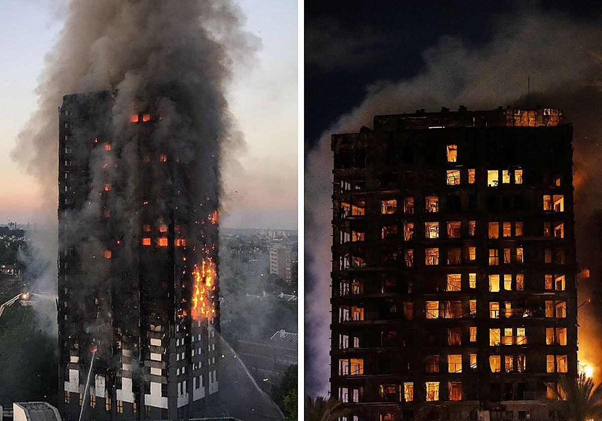 A la izquierda, el incendio de Grenfell en 2017 y a la derecha el de Campanar en 2024