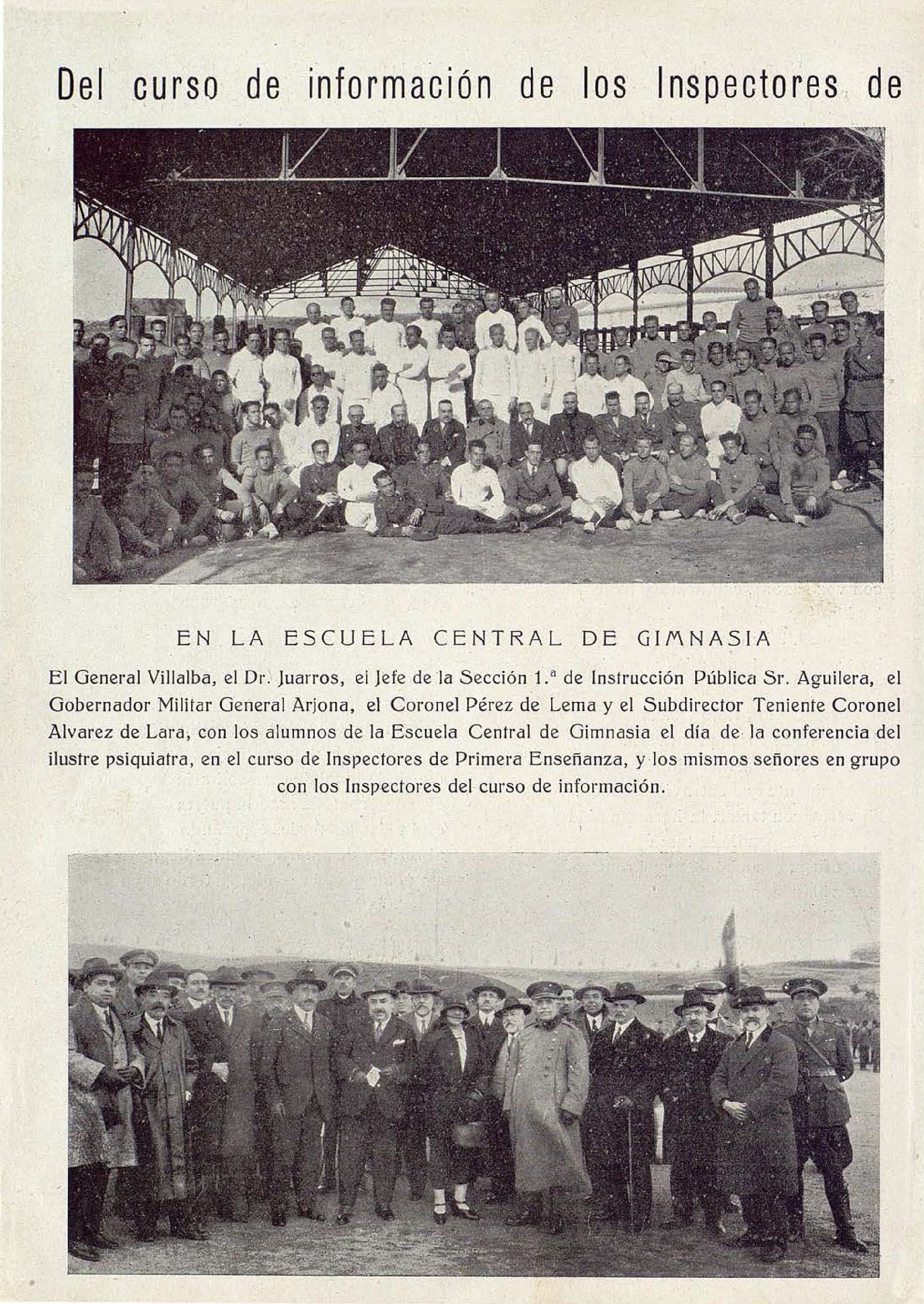Reportaje publicado en 'El Castellano Gráfico' (1/12/1924) con la reseña de un cuso de información a los inspectores de Primera Enseñanza. Acudió el general Villalba y otras autoridades para escuchar la conferencia impartida por el doctor Juarros