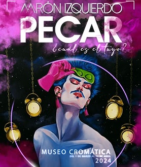 Imagen secundaria 2 - Arriba, 'Avaricia', otra de las obras de la exposición. Sobre estas líneas, el artista Aarón Izquierdo, y  la derecha, cartel de la muestra, que permanecerá en el Museo Cromática hasta el 14 de abril