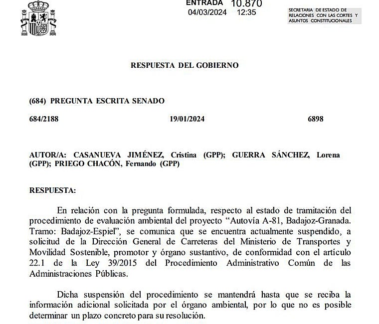 Respueta a los senadores del PP por Córdoba de fecha 4 de marzo