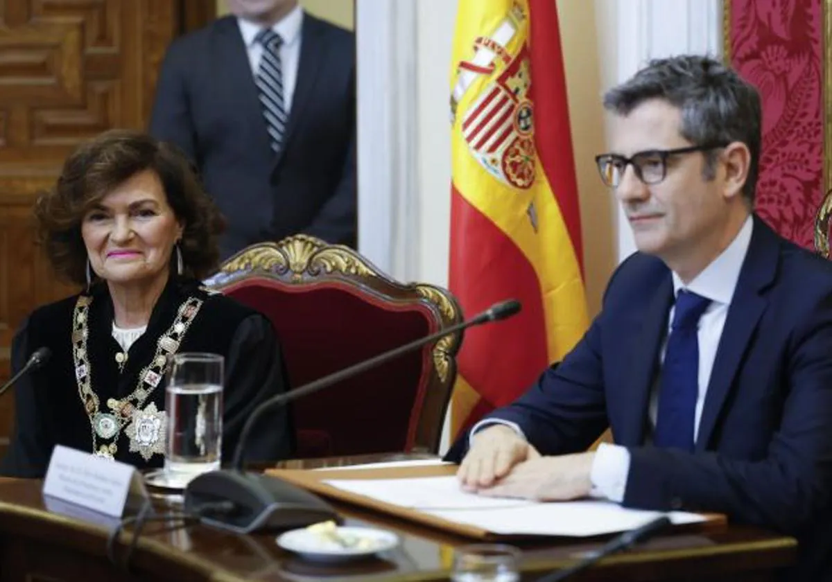 El ministro de la Presidencia, Justicia y Relaciones con las Cortes, Félix Bolaños, durante la toma de posesión de Carmen Calvo como presidenta del Consejo de Estado