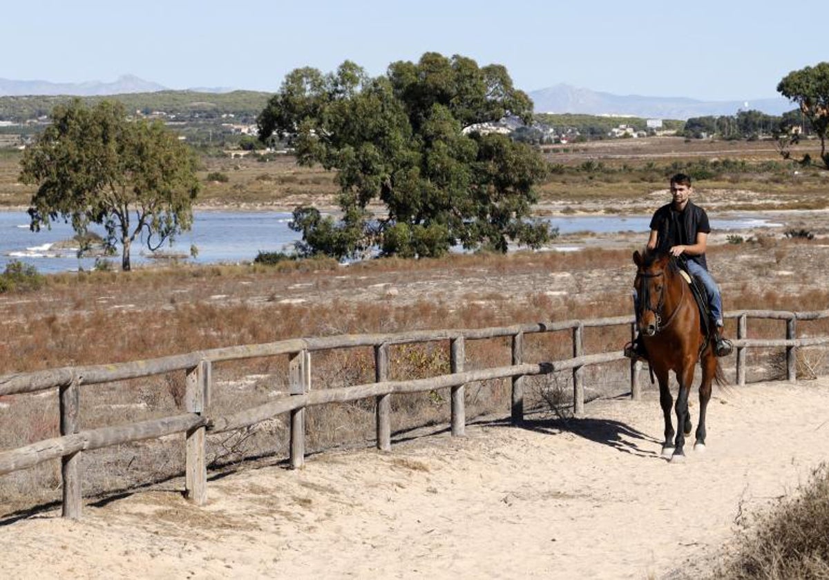 Un hombre recorre a caballo el paraje del parque natural de Las Lagunas de La Mata, en Torrrevieja.