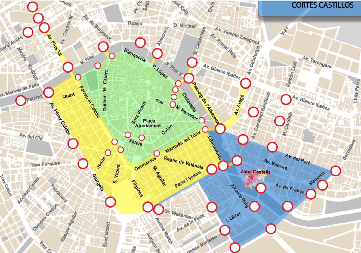 Mapa con los cortes de calles en Valencia por Fallas