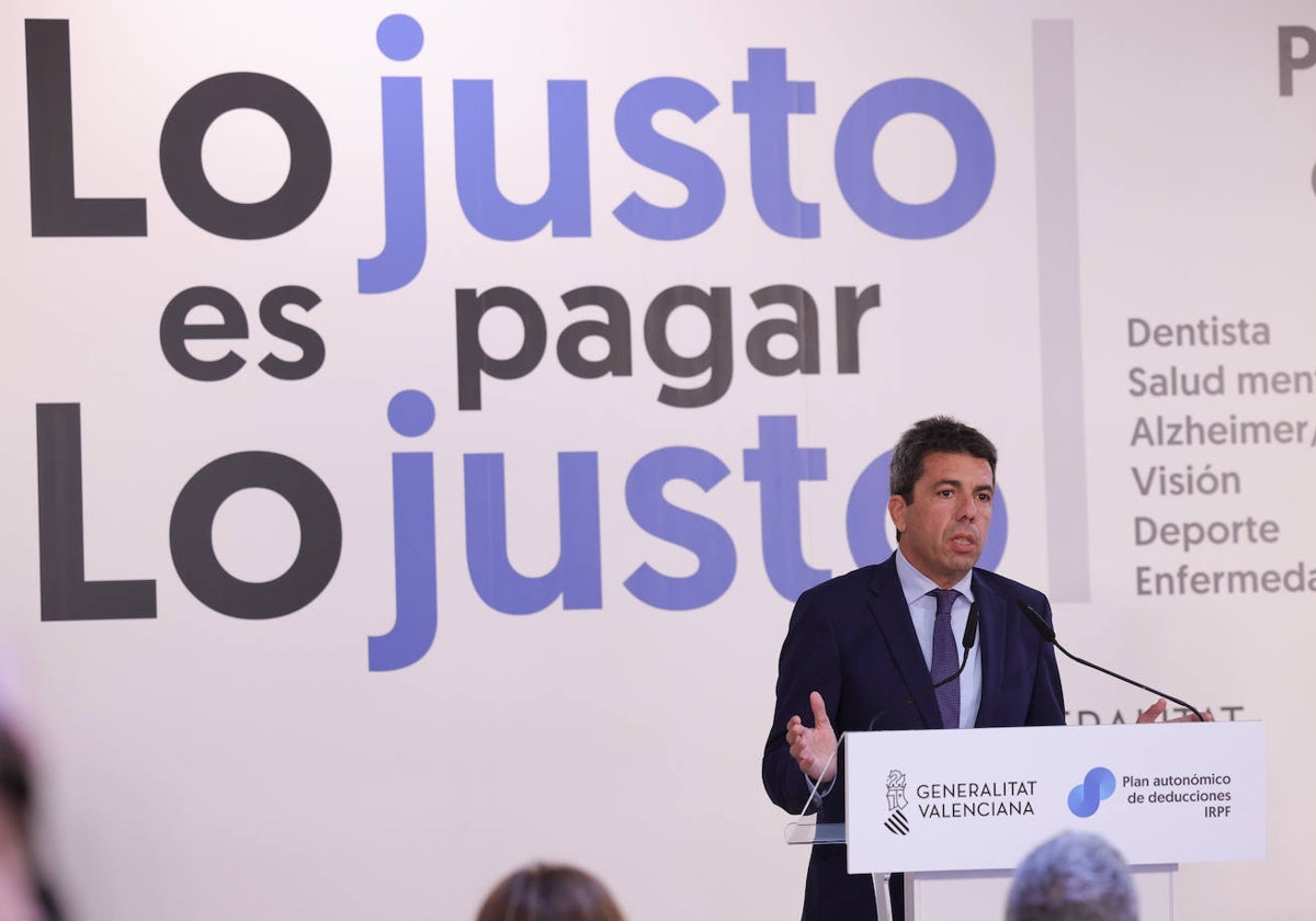 Imagen del presidente de la Generalitat Valenciana, Carlos Mazón, durante la presentación de la campaña de la Renta 2023