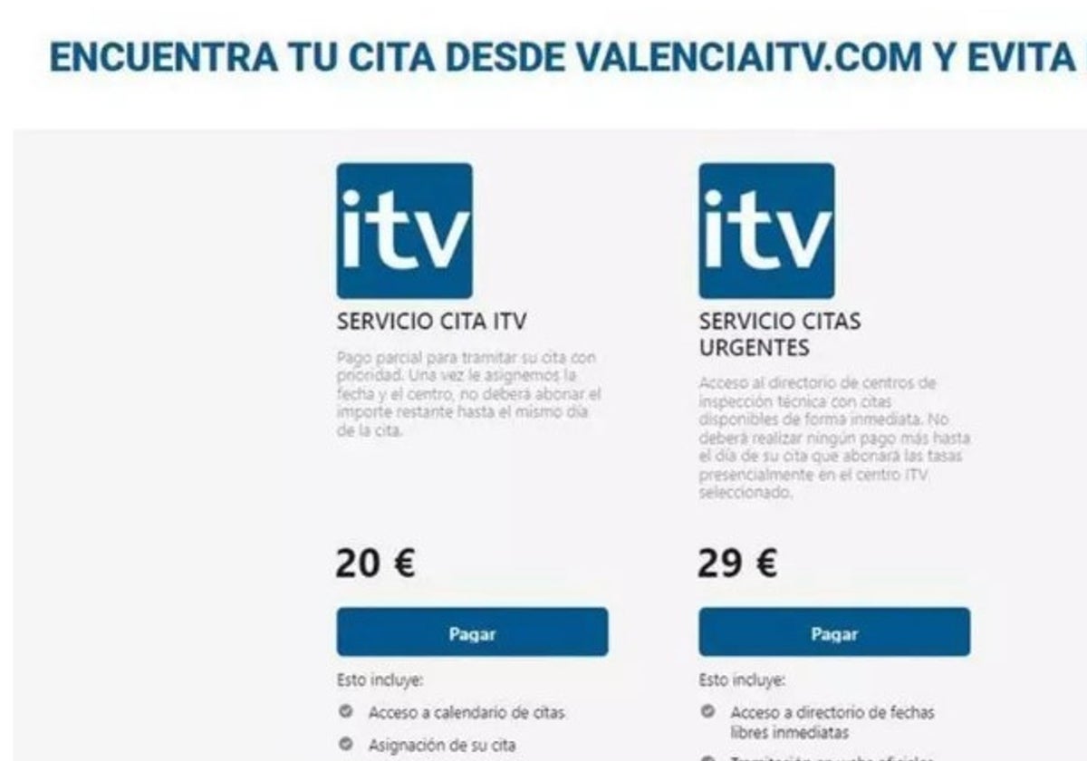 Imagen de la web fraudulenta denuncia por la Generalitat Valenciana donde se ofertaban falsas citas previas para la ITV cobrando.