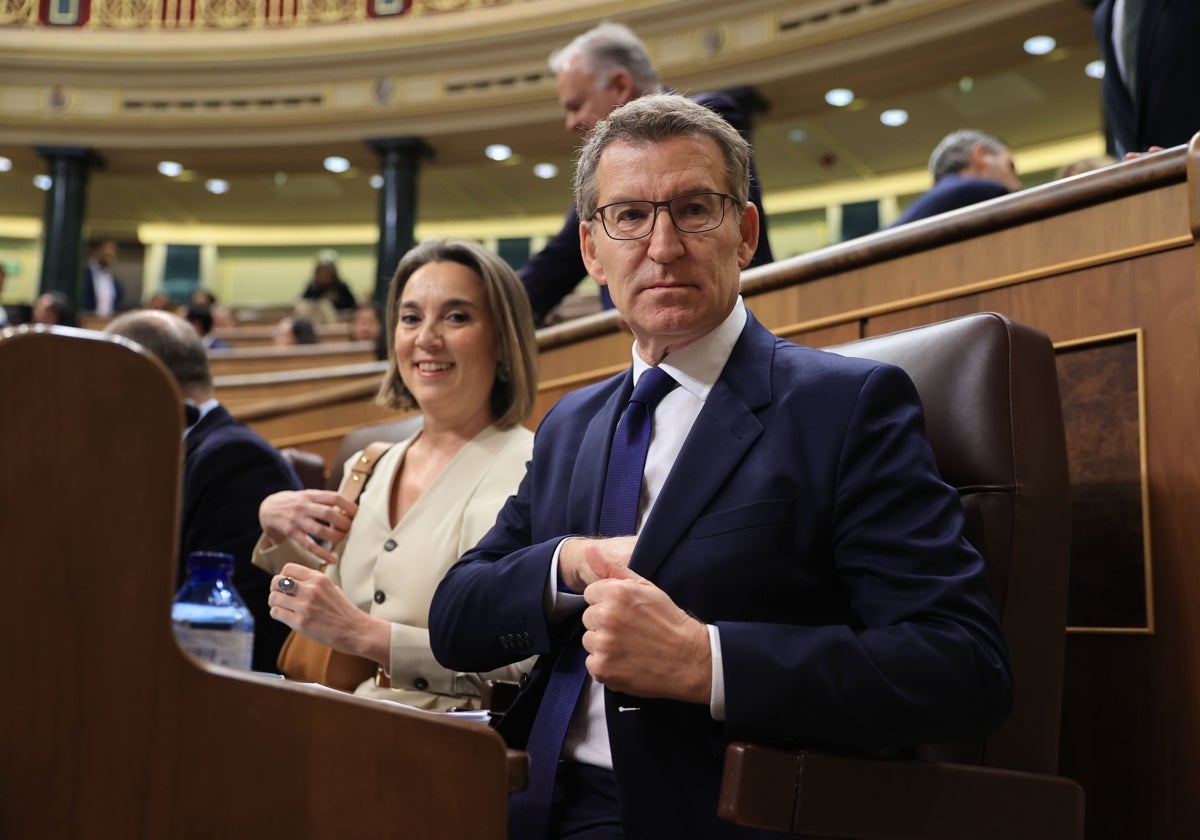 Cuca Gamarra y Alberto Núñez Feijóo, durante la comparecencia de Pedro Sánchez