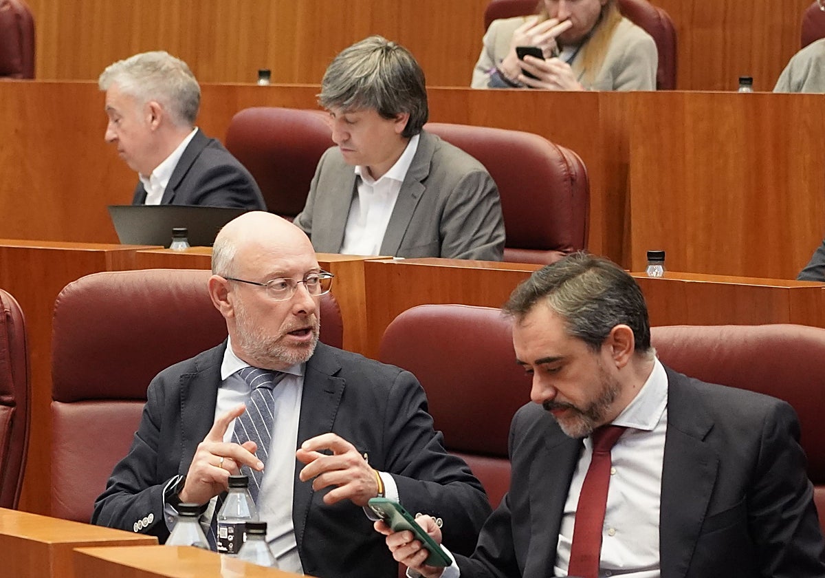 Los procuradores de Vox Ignacio Sicilia y David Hierro, durante el Pleno de las Cortes de Castilla y León