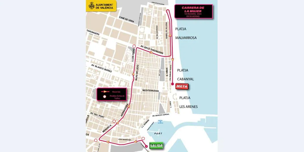 Recorrido, calles cortadas y líneas de autobús especiales por la Carrera de la Mujer este domingo en Valencia