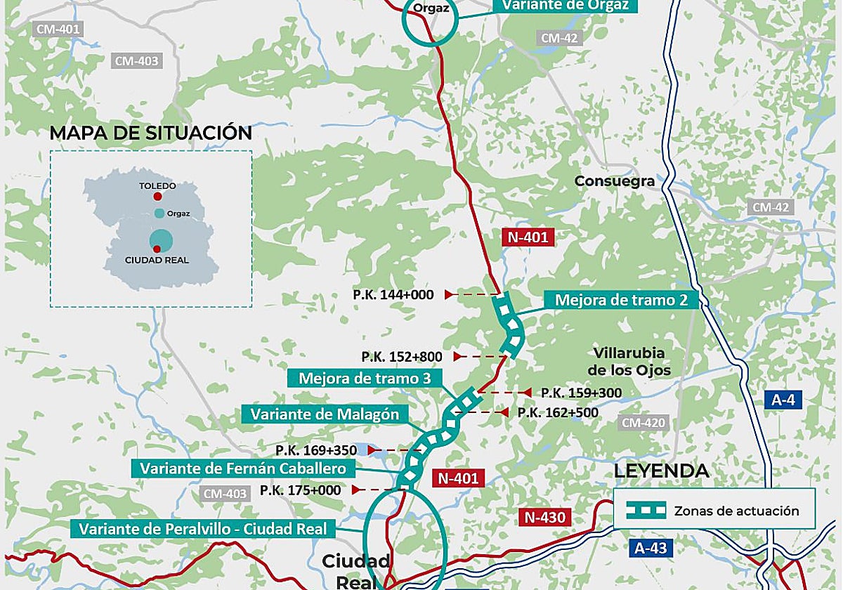 Tramos de las mejoras que se harán en la N-401