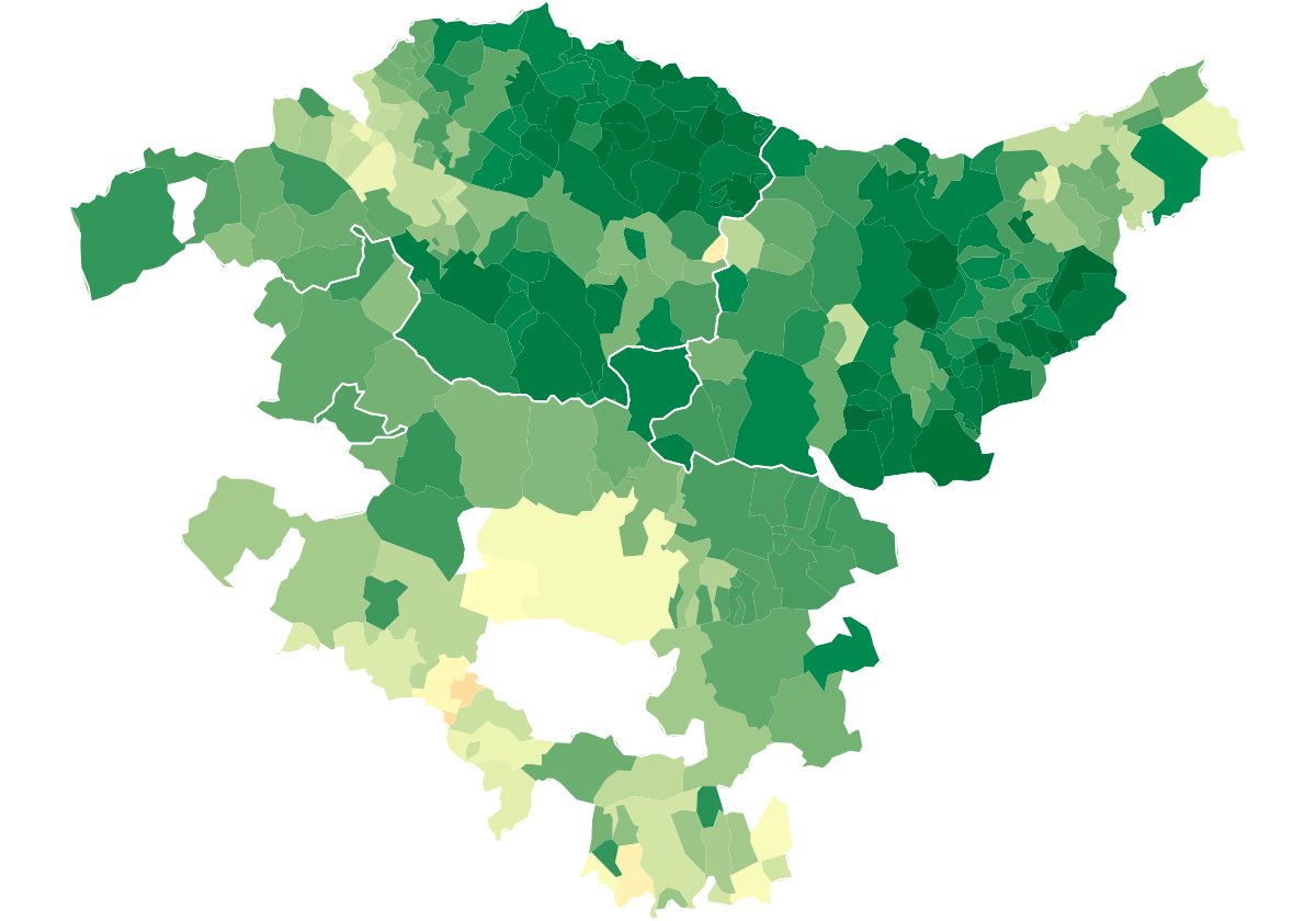 A mayor intensidad de verde, más voto nacionalista en las elecciones en el País Vasco en 2024