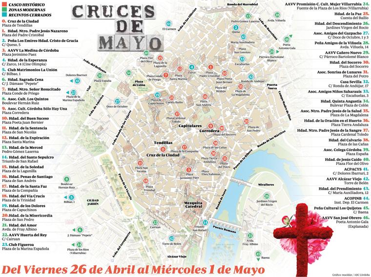 Mapa de las Cruces de Mayo en Córdoba: plano de los principales puntos