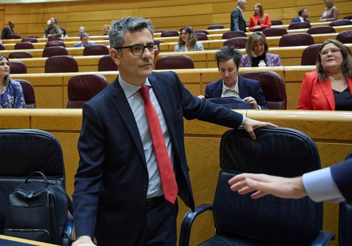 El ministro de Presidencia y Justicia, Félix Bolaños, en la sesión de control al Gobierno de este martes en el Senado