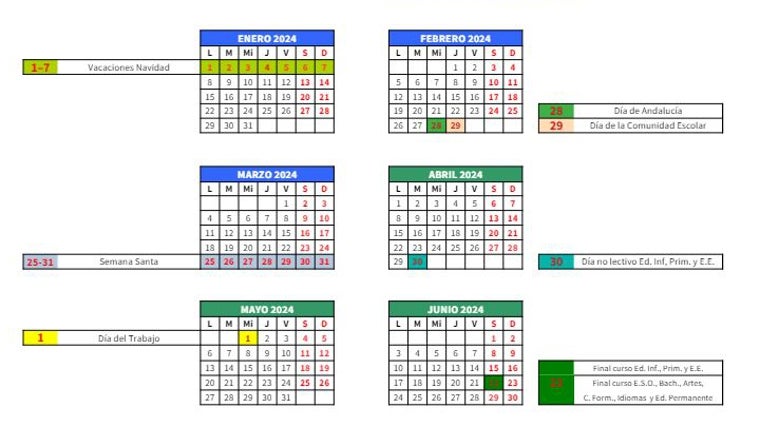 Captura del calendario del fin del curso escolar en Andalucía