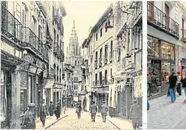 A la izuquierda, la Calle Comercio, a finales de los años 20. Postal. L. Roisin, fot. Barcelona. Colección particular, a la derecha, la calle en abril de 2024