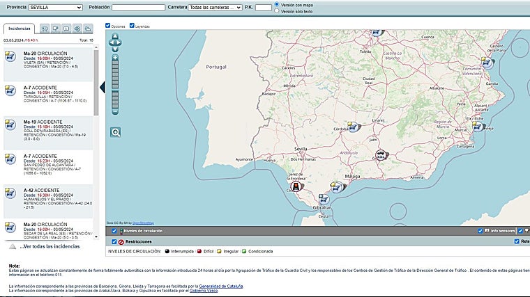 Captura del mapa de la DGT pensado para ver cómo está el tráfico en España