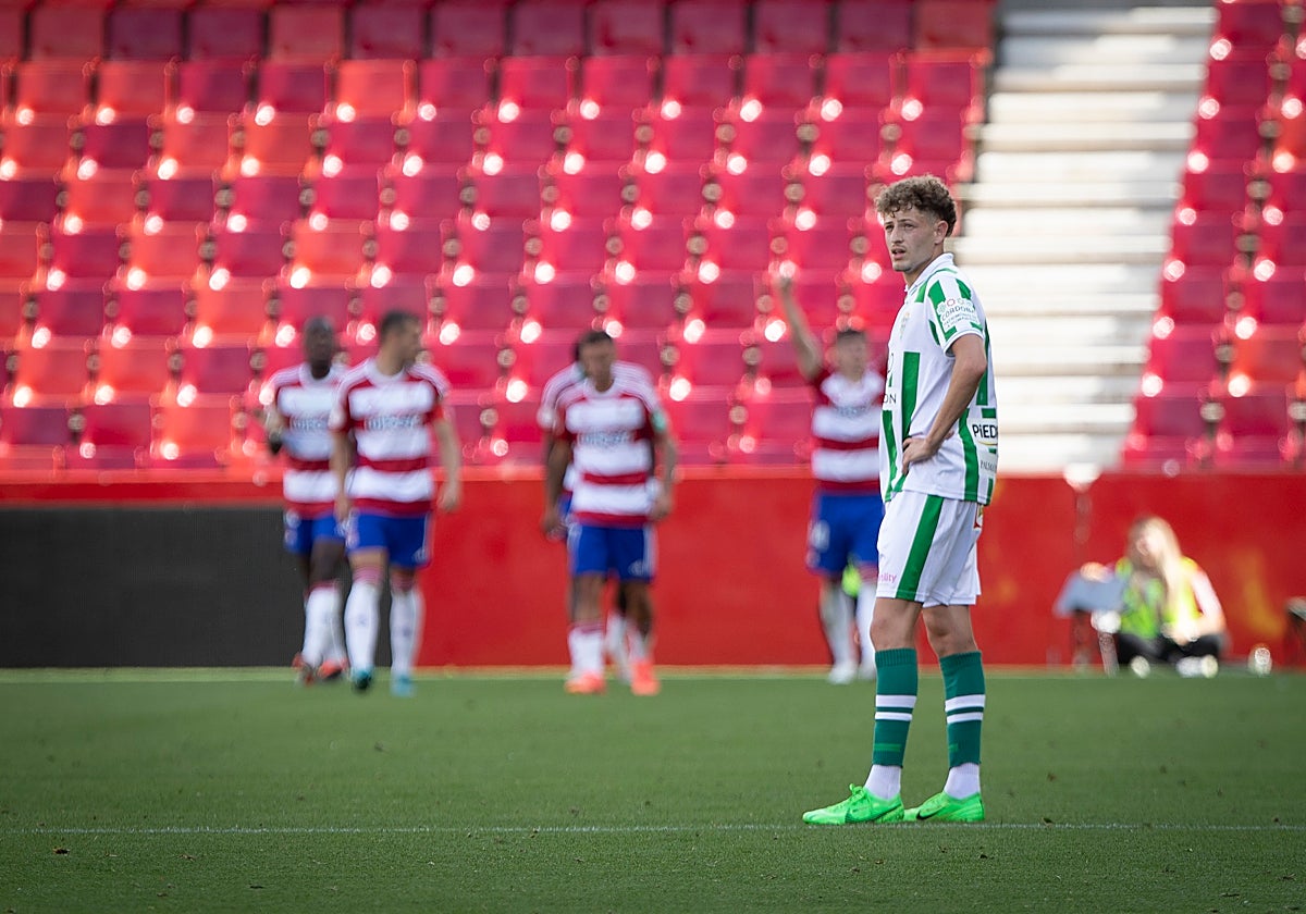 Simo se lamenta tras un gol del Recreativo Granada la pasada jornada en Los Cármenes