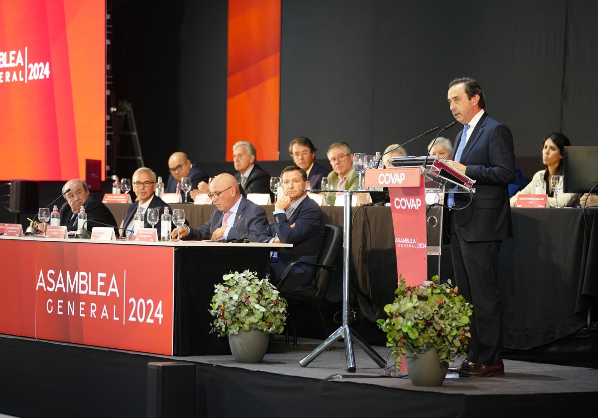 Ricardo Delgado, primero por la derecha, durante la asamblea general de Covap