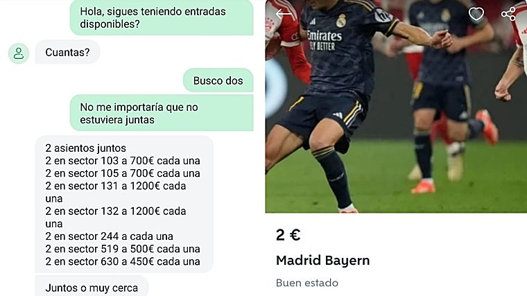 Una usuaria muestra los precios de los abonos que tenía a la venta antes de la ida; a la derecha, un anuncio gancho en otra plataforma