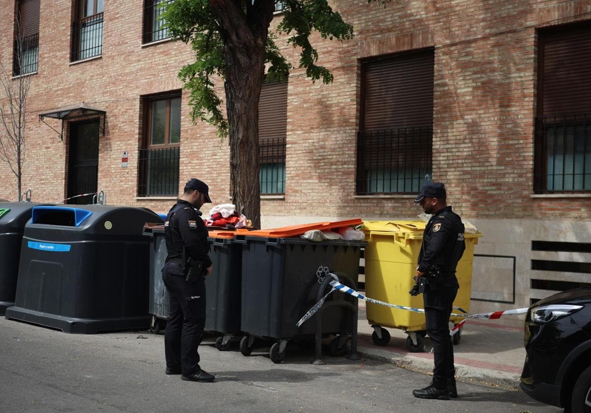 Agentes de la Policía Nacional junto a los contenedores donde ha sido encontrado el cadáver del bebé