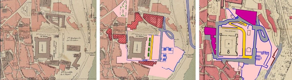 Cambios en el entorno del Alcázar en los planos de 1917, 1950 y 1960 (Archivo Municipal de Toledo). En el centro, las manzanas arruinadas o eliminadas en 1936, más el nuevo vial con un túnel y los jardines posteriores. A la derecha, el vial ya cerrado en torno al Alcázar. Estudio del profesor Cesáreo Bas Vivancos