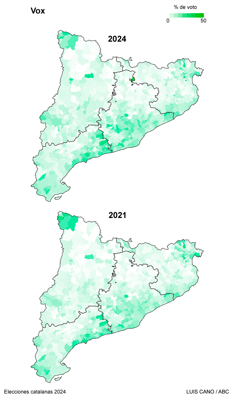 Resultados de Vox al Parlamento catalán en 2021 y 2024