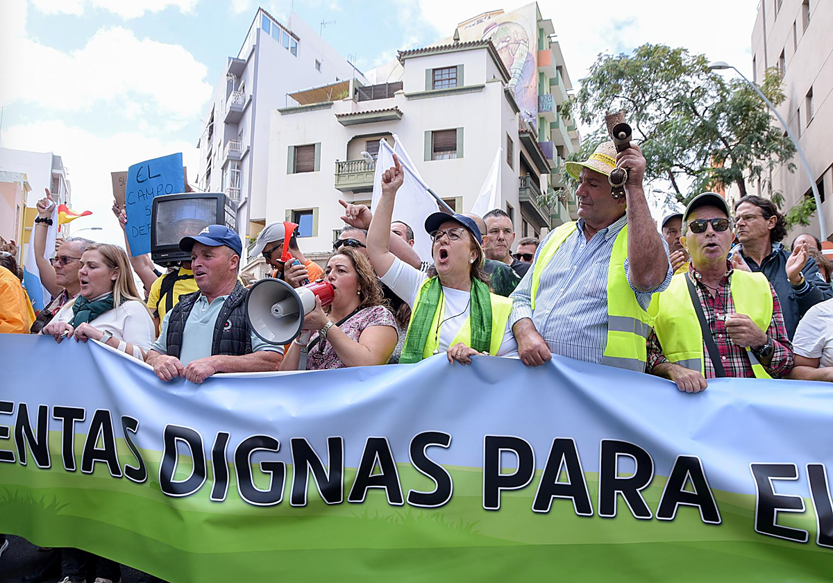 Varias personas protestan durante una manifestación de agricultores en Tenerife