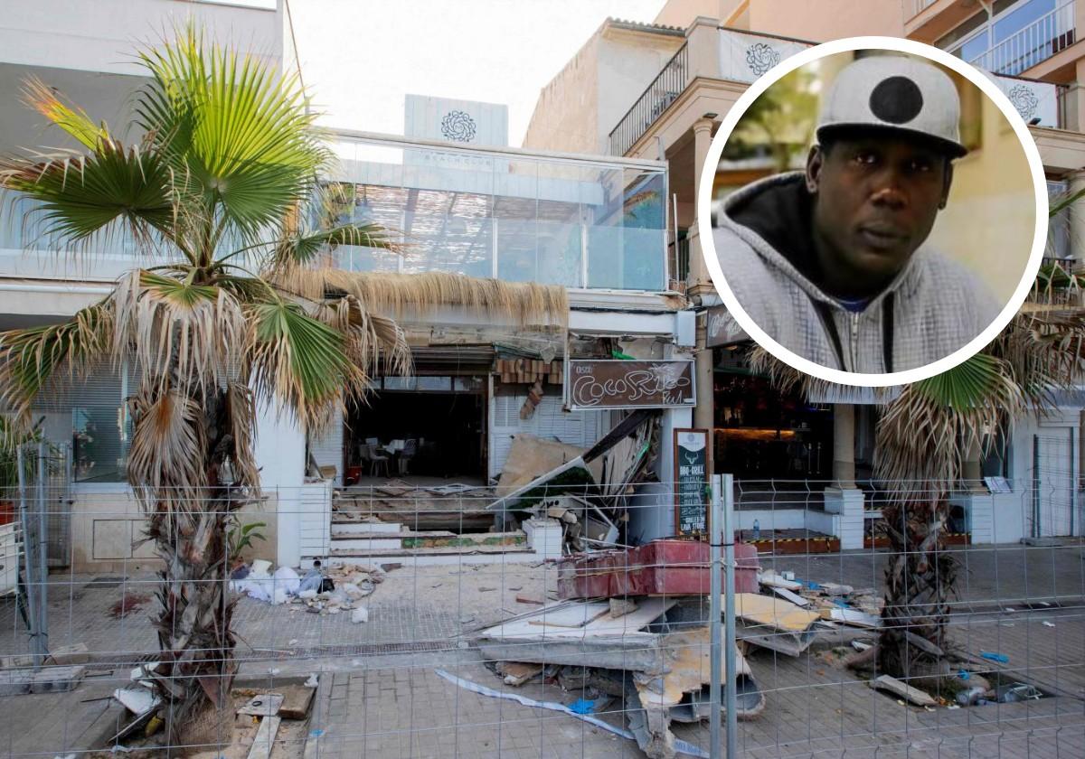 Estado actual del beach club tras el derrumbe y con una imagen de Abdoulaye Diop, una de las cuatro víctimas.