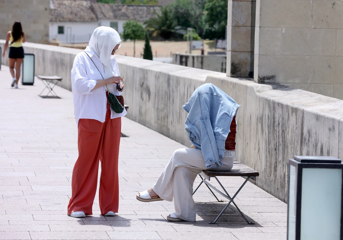 Dos turistas se resguardan del calor en el Puente Romano de Córdoba