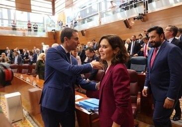 Isabel Díaz Ayuso, entre Juan Lobato y Carlos Díaz-Pache en la Asamblea