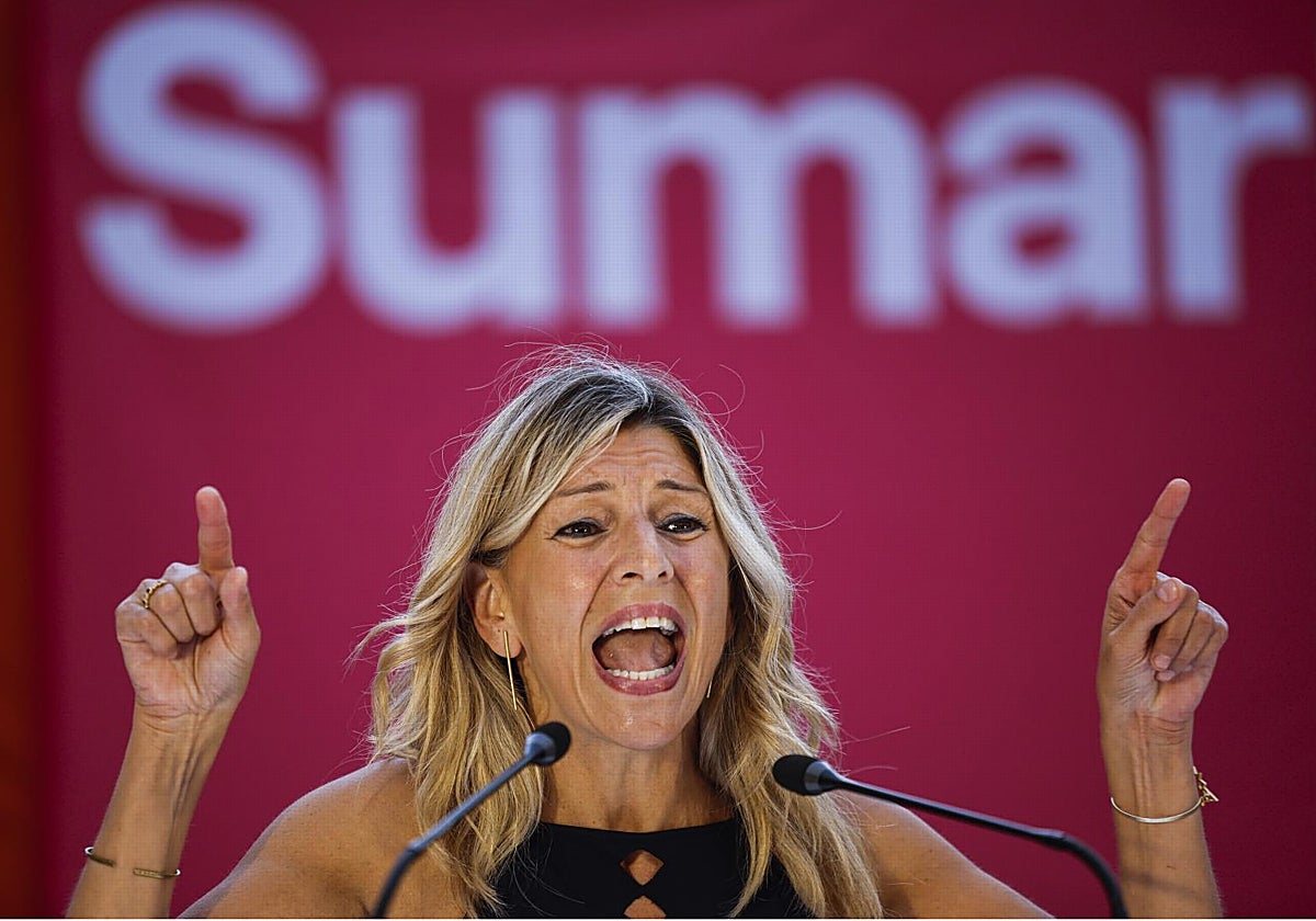 La líder de Sumar, Yolanda Díaz, durante su acto de cierre de campaña para el 9J, este viernes en Valencia.