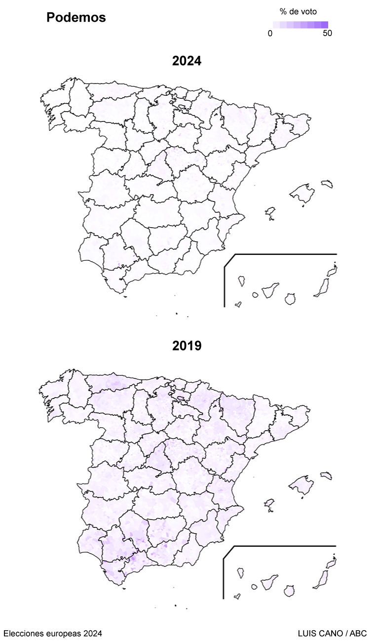 Resultado de Podemos en las elecciones europeas de 2019 y 2024