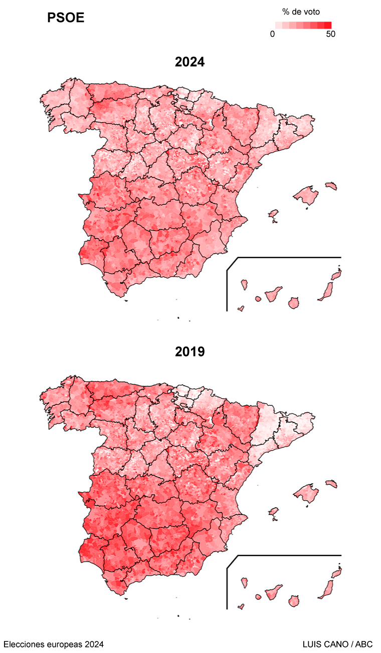 Resultados del PSOE en las elecciones europeas de 2019 y 2024