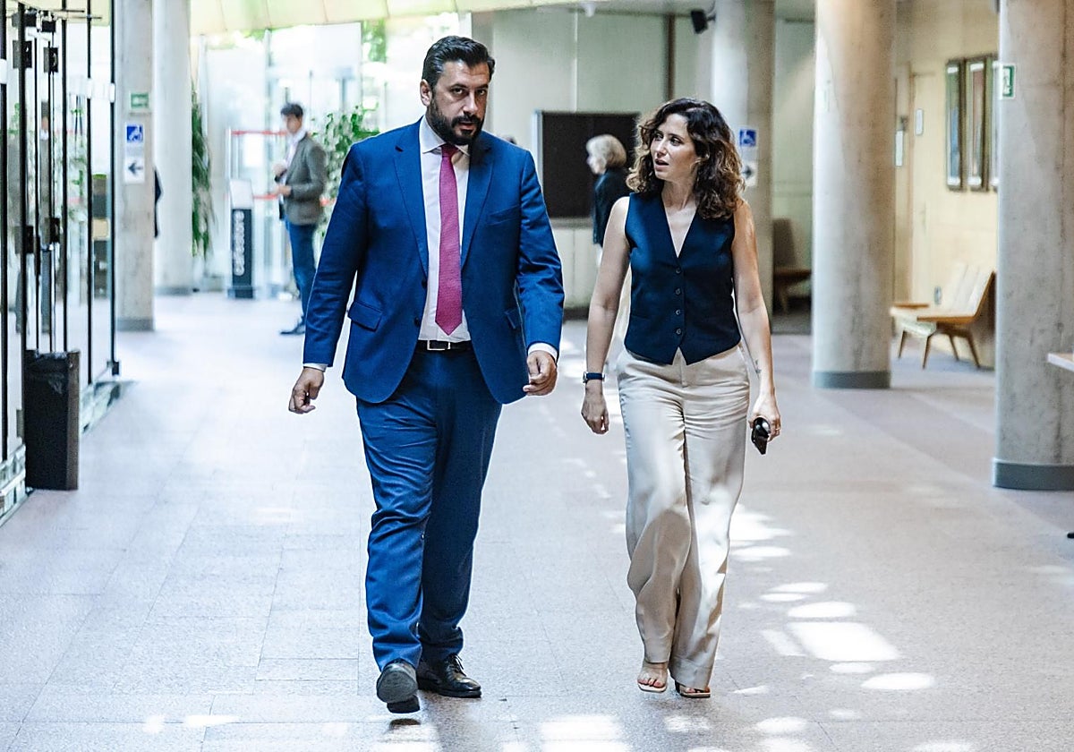 La presidenta de la Comunidad de Madrid, Isabel Díaz Ayuso, junto al portavoz del PP en la Asamblea, Carlos Díaz-Pache