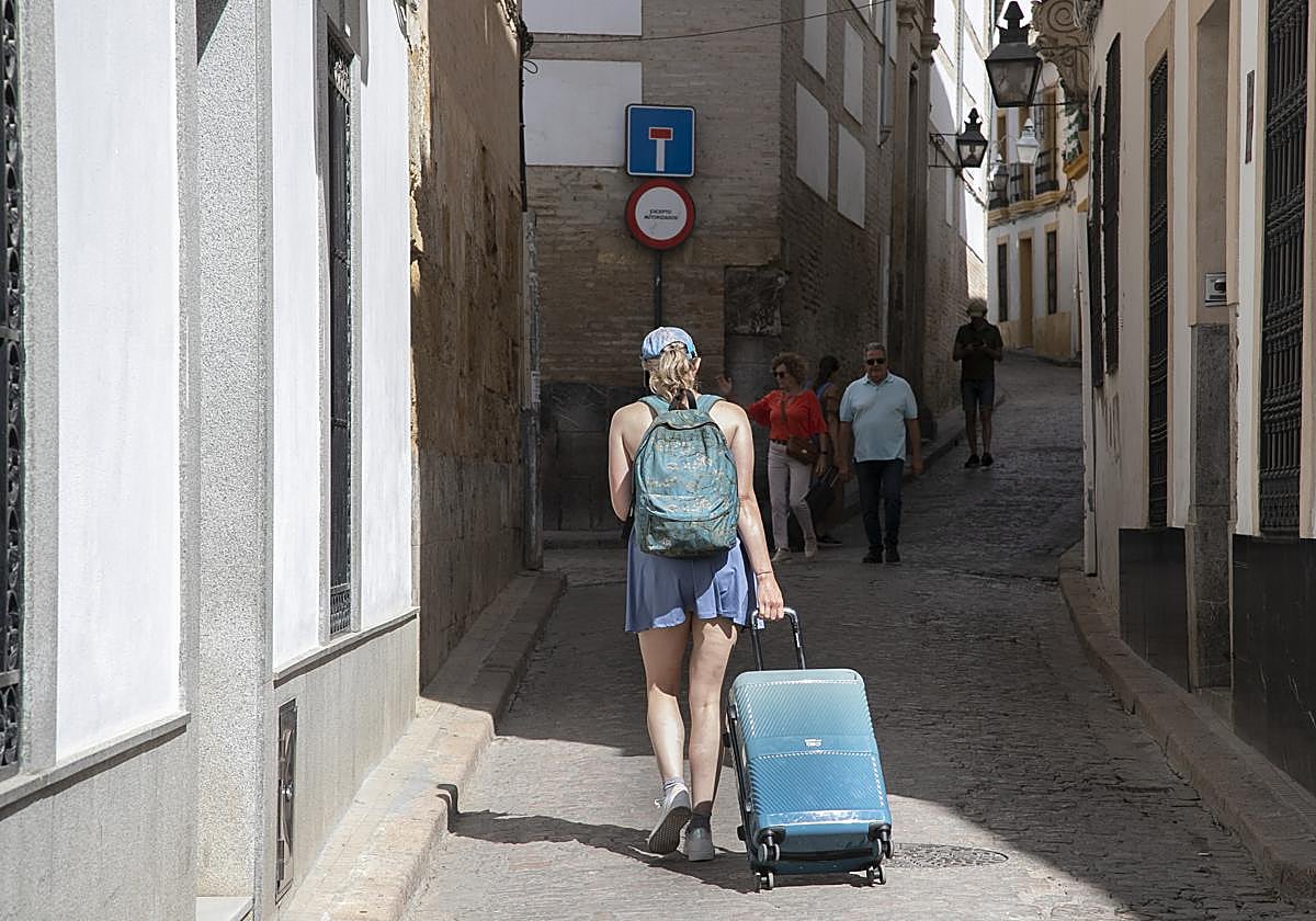 Una turista, con su maleta, en el entorno de la Mezquita-Catedral