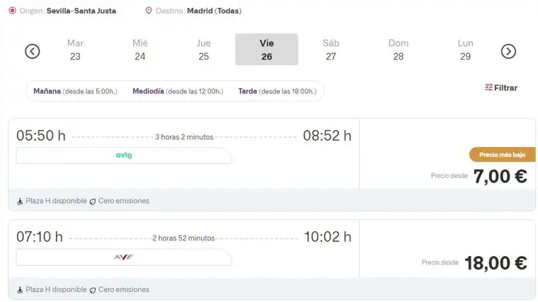 Captura de pantalla de la venta de un billete Sevilla-Madrid para el 26 de julio