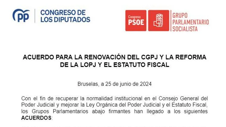 Acuerdo firmado por el PSOE y el PP para la renovación del CGPJ