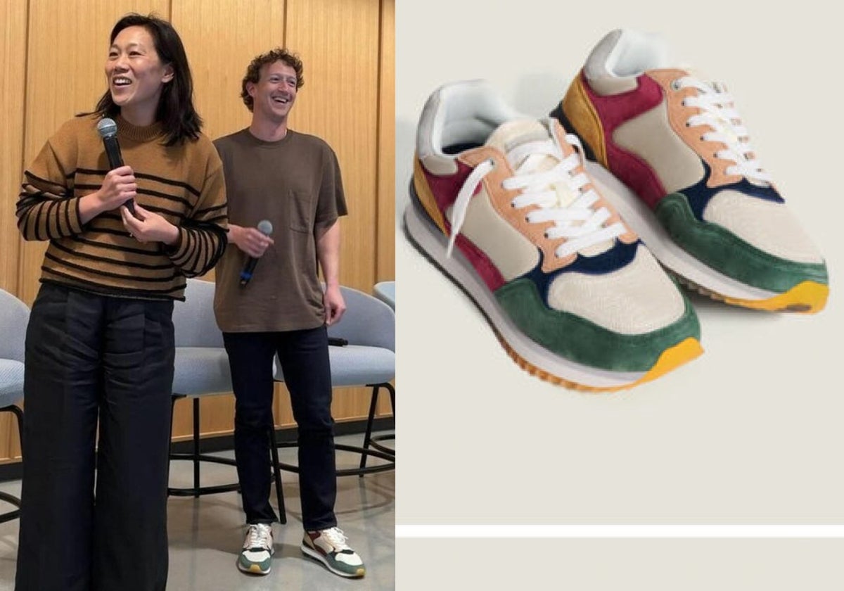 Mark Zuckerberg con las zapatillas Hoff, en una imagen difundida por su mujer, Priscilla Chan, en sus redes sociales. A la derecha, detalle del modelo