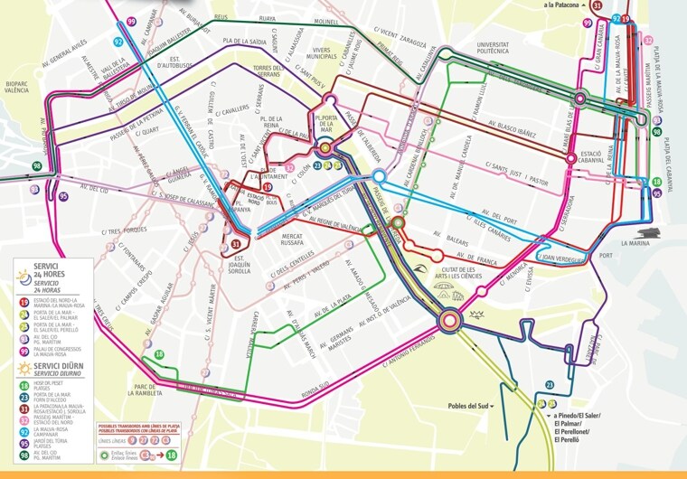 Mapa de las líneas de la EMT de Valencia para la campaña de playas 2024