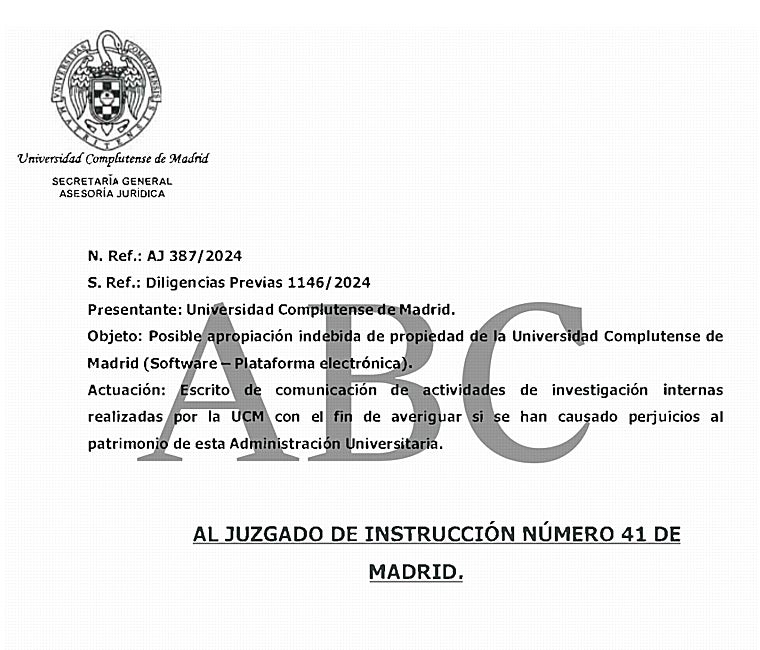 Escrito de la Complutense al Juzgado de Instrucción número 41 de Madrid