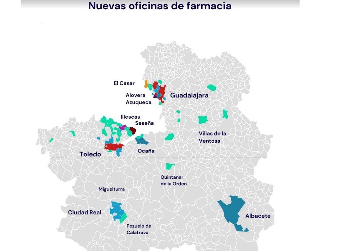 Mapa con las nuevas oficinas de farmacia en Castilla-La Mancha