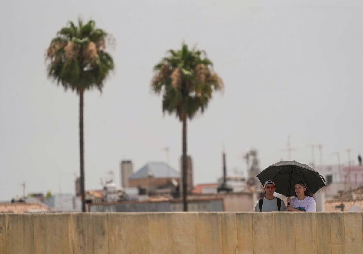 Dos jóvenes cruzan el Puente Romano bajo paraguas por el calor de este viernes