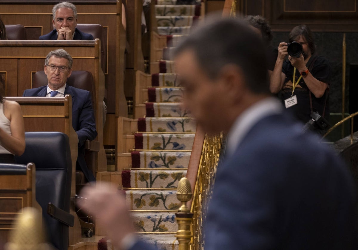 El presidente del Gobierno, Pedro Sánchez, comparece en el Congreso ante la mirada de Alberto Núñez Feijóo